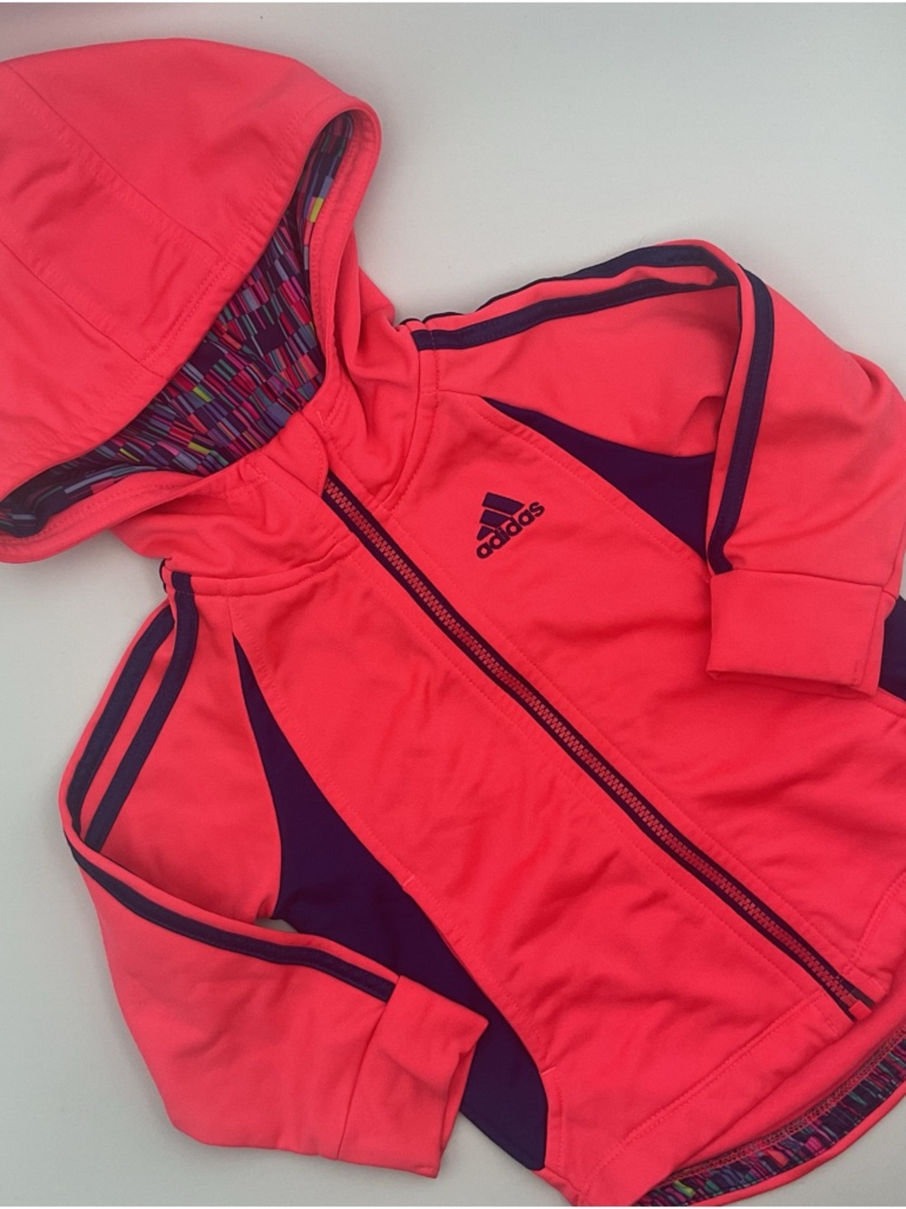 Adidas Infant Girls 18M Coral Pink Navy Blue Striped Full Zip Hooded Jacket